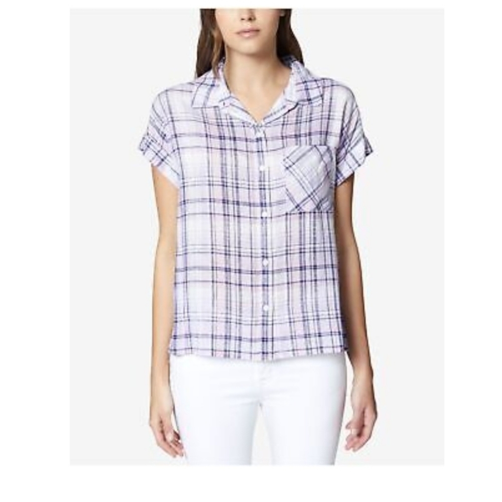 Sanctuary Women's Plaid Purple Short Sleeve Shirt Size M